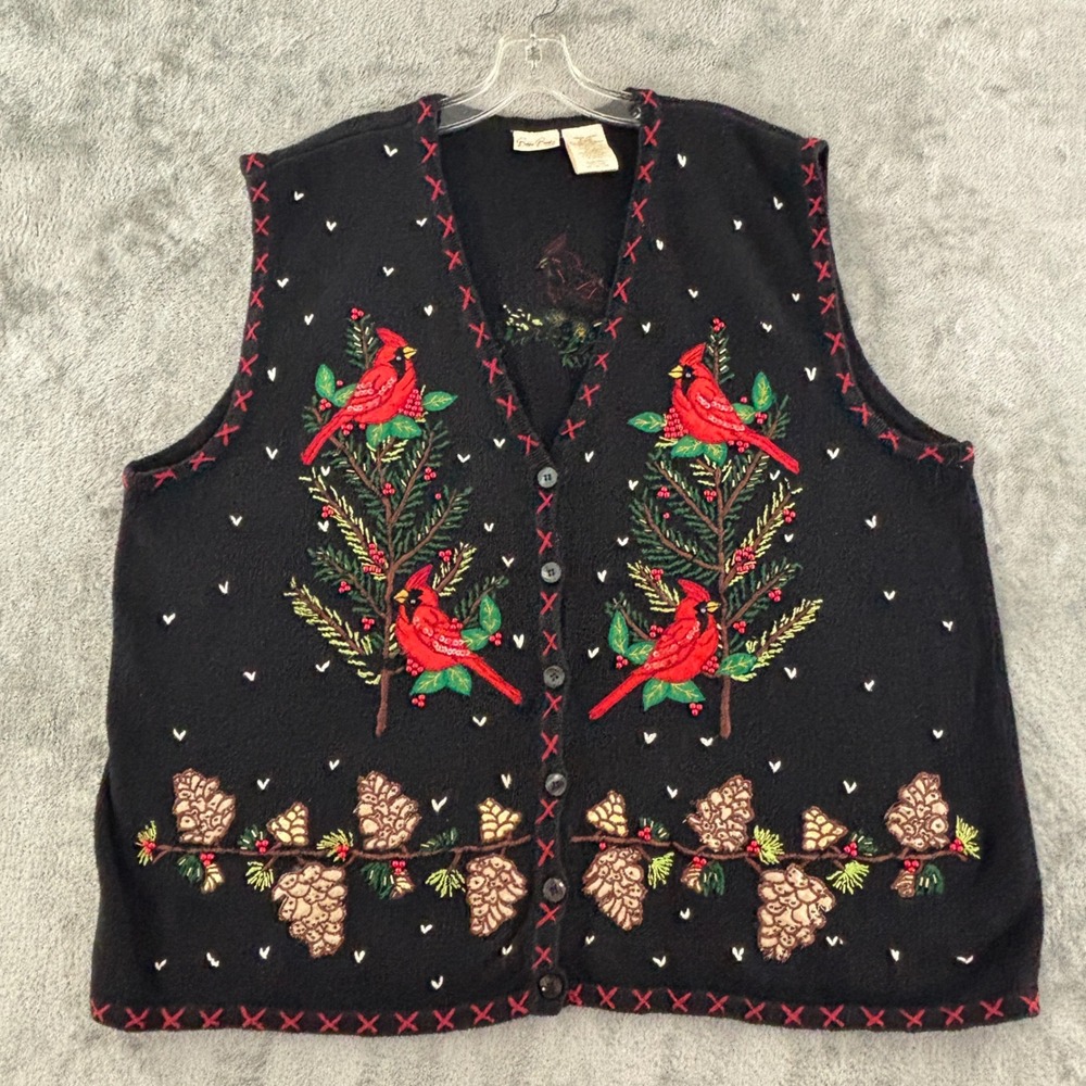 Bobbie Brooks Christmas Cardinal Sweater Vest Womens 26/28W Black Embroidered